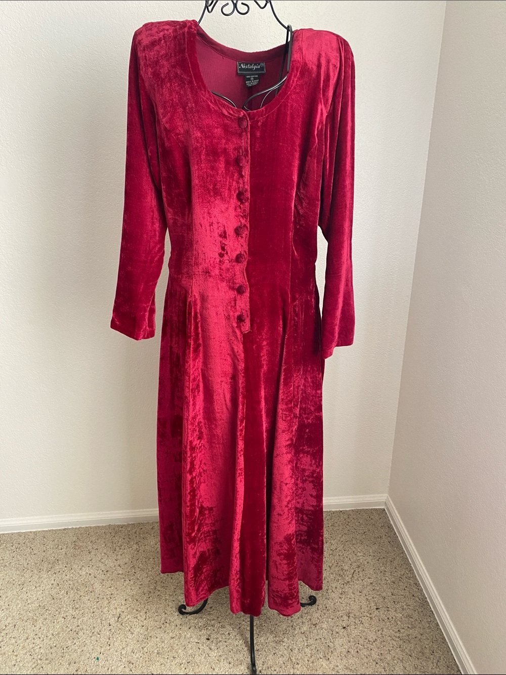 Vintage 1980s Nostalgia Deep Red Velvet Button-Front Maxi Dress